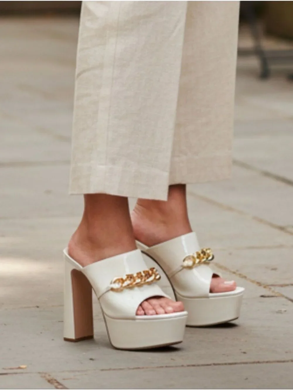 White Platform Heels With Gold Chain Detail Open Toe Patent Finish & Chunky Bloc